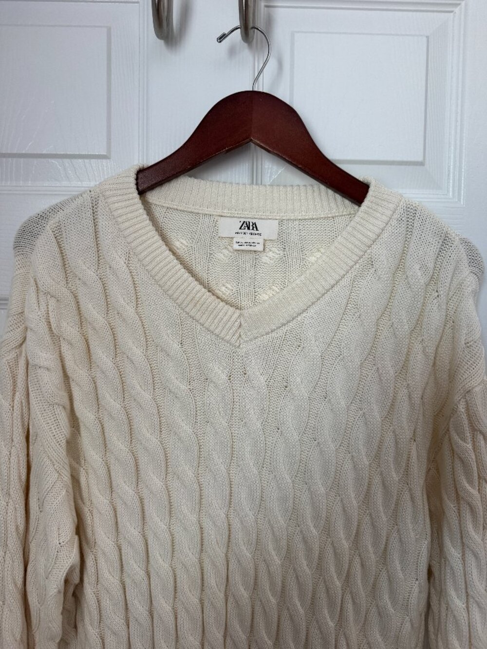Zara Man 90s Archive Cable Knit White Cream V-Neck Sweater XL